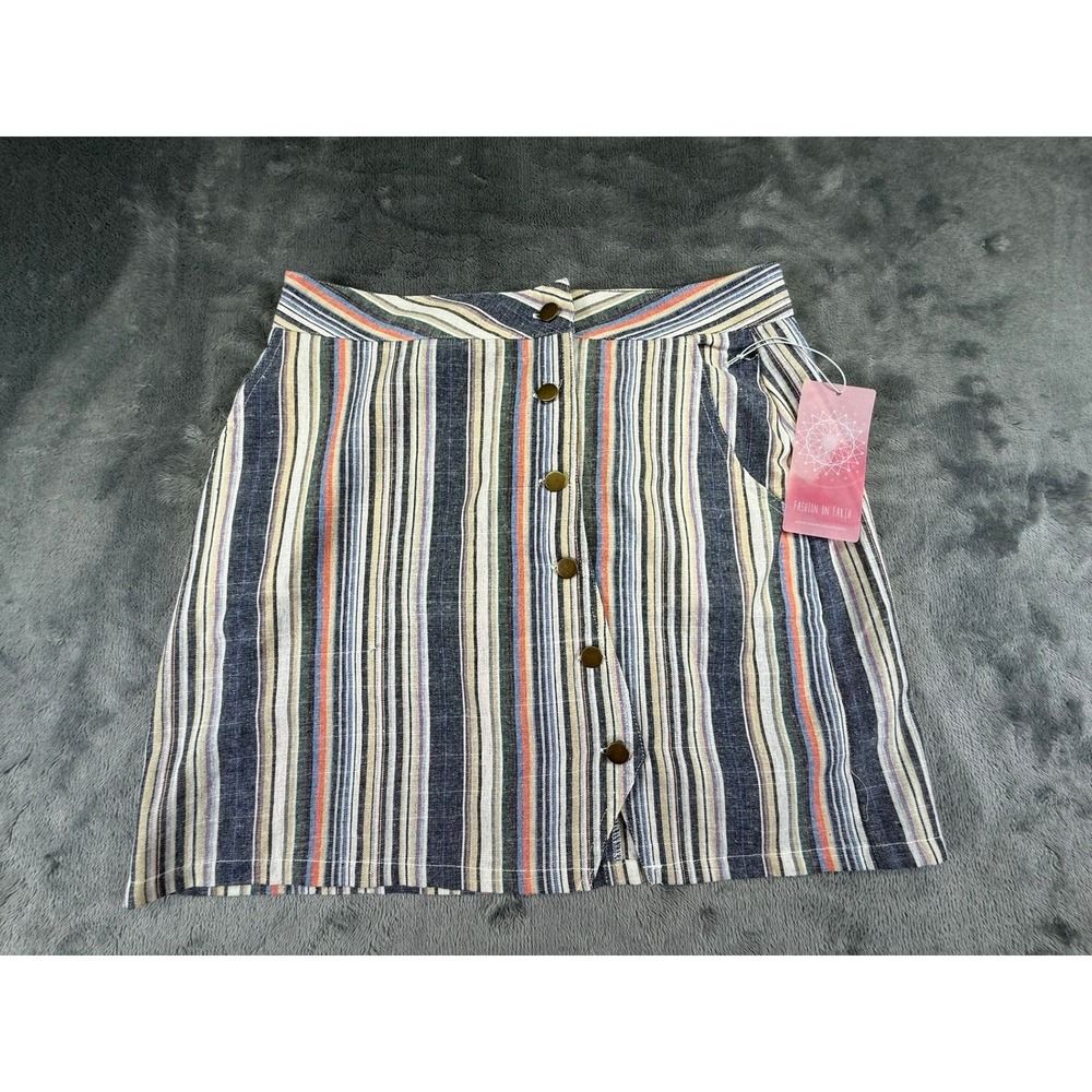 Fashion on Earth Womens Ivory Multi Striped Button Front Mini Skirt L HF19C937DG